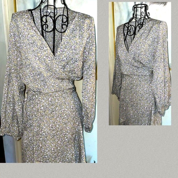 SUPREME FASHION "KHAKI" FLORAL PRINT WRAP DRESS W/RUFFLE DETAILING~MISSES LARGE - Picture 4 of 5